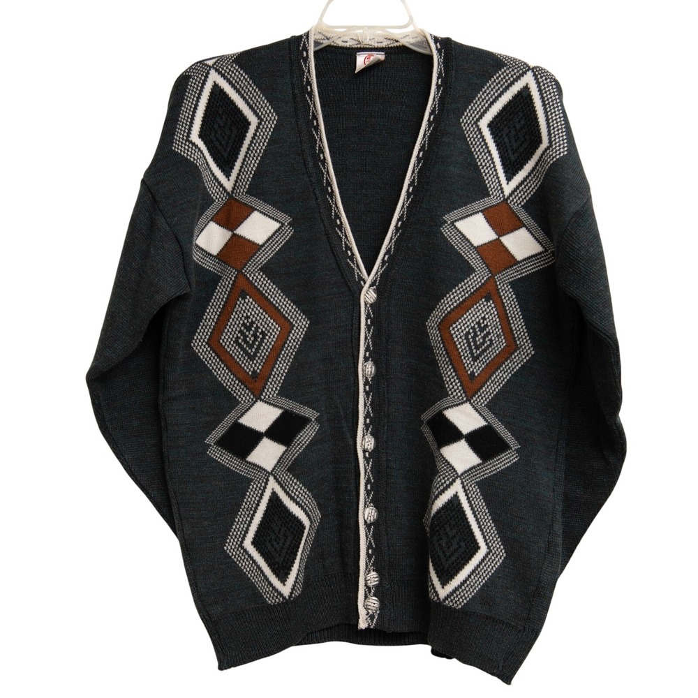 VTG Grandpa Cardigan Sweater Men L Dark Green Geometric Button Up‎ Slouchy Aztec